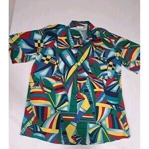 Vtg 90s Gottex Mens Shirt Sailboats AOP Colorful L Retro Cotton Collared Button